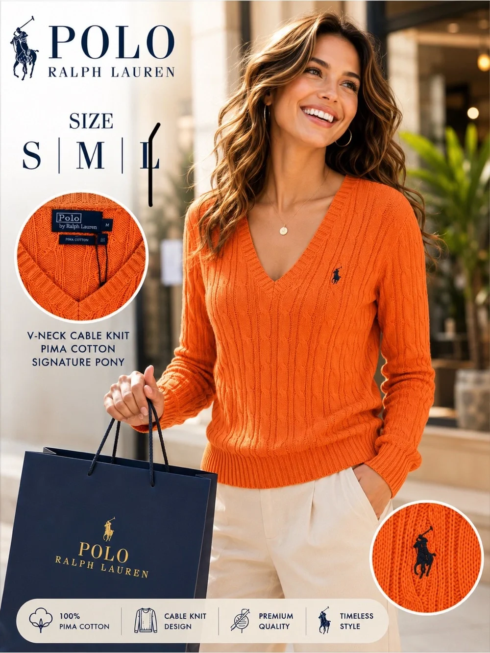 Polo by Ralph Lauren Bright Orange V-Neck Cable Knit Sweater - Picture 1 of 1